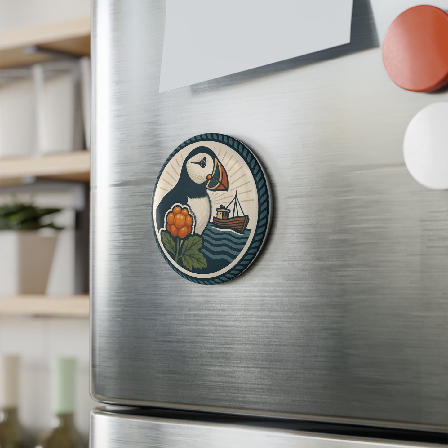 Runder Magnet mit Papageientaucher – Kunstvoller Blickfang für Kühlschrank 1 & 10 Pack